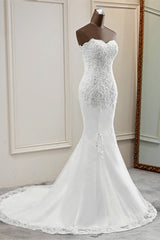 Chic Strapless Lace Appliques White Mermaid Wedding Dresses with Beadings Online
