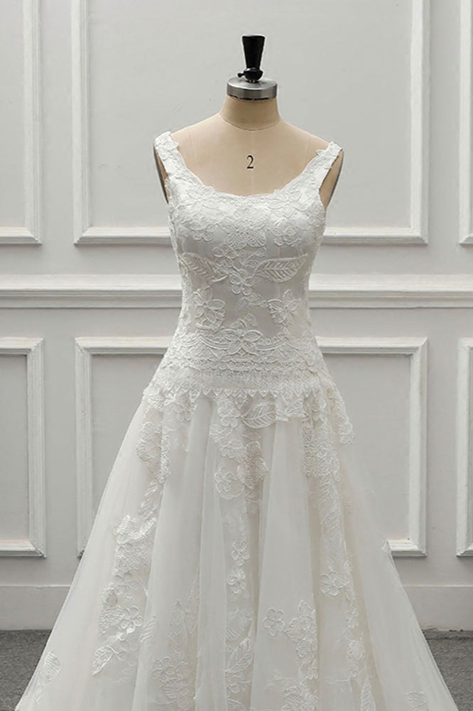 Chic Straps Jewel Tulle Lace Wedding Dress Sleeveless Appliques White Bridal Gowns On Sale