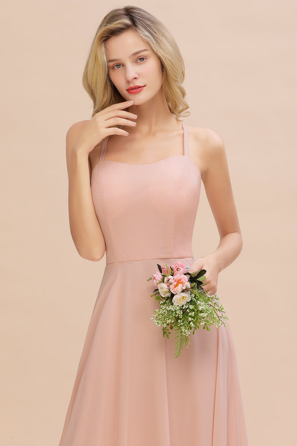 Chic Straps Sleeveless Chiffon Affordable Bridesmaid Dresses with Ruffle