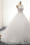 Chic Straps V-Neck Tulle Lace Wedding Dress Sleeveless Appliques Beadings Bridal Gowns On Sale