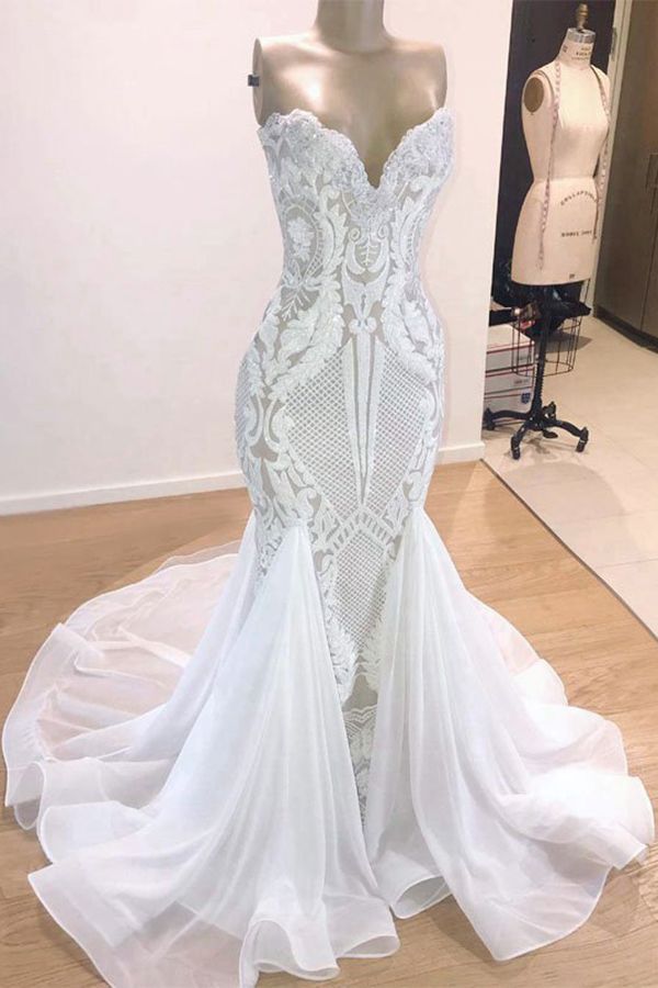 Chic Sweetheart White Mermaid Wedding Dresses With Appliques Tulle Ruffles Bridal Gowns On Sale