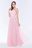 Chic Tulle Ruffle Halter Sleeveless Pearls Bridesmaid Dress with Sash