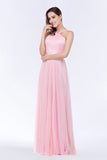 Chic Tulle Ruffle Halter Sleeveless Pearls Bridesmaid Dress with Sash