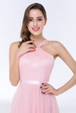 Chic Tulle Ruffle Halter Sleeveless Pearls Bridesmaid Dress with Sash