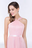 Chic Tulle Ruffle Halter Sleeveless Pearls Bridesmaid Dress with Sash