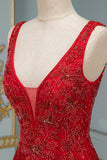 Chic Tulle Straps V-Neck Burgundy Prom Dresses with Rhinestone Appliques Online