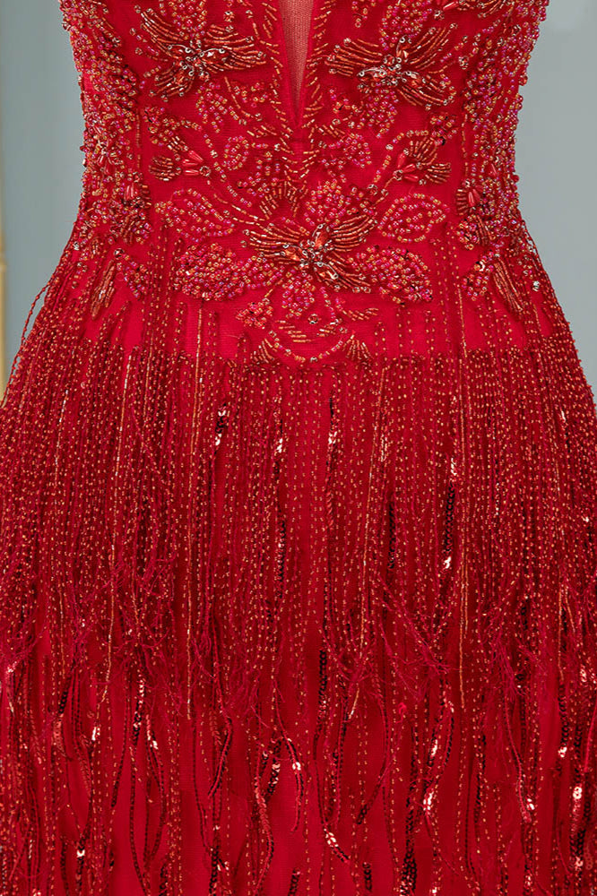 Chic V-neck Prom Dress In Bling Burgundy Red Tulle with Straps - $145.992  #V78017 