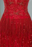 Chic Tulle Straps V-Neck Burgundy Prom Dresses with Rhinestone Appliques Online