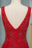 Chic Tulle Straps V-Neck Burgundy Prom Dresses with Rhinestone Appliques Online