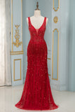 Chic Tulle Straps V-Neck Burgundy Prom Dresses with Rhinestone Appliques Online