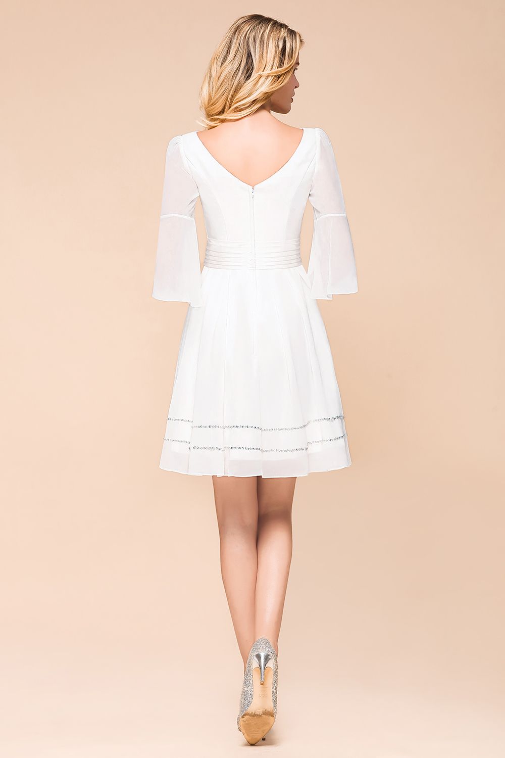 Chic V-Neck 3/4 Sleeves Short White Bridesmaid Dress with Sequins