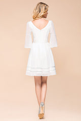 Chic V-Neck 3/4 Sleeves Short White Bridesmaid Dress with Sequins