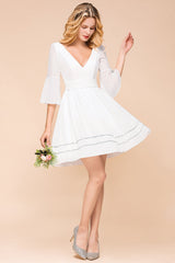 Chic V-Neck 3/4 Sleeves Short White Bridesmaid Dress with Sequins