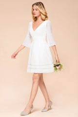 Chic V-Neck 3/4 Sleeves Short White Bridesmaid Dress with Sequins