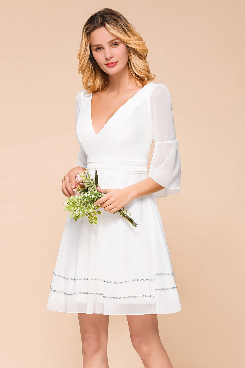 Chic V-Neck 3/4 Sleeves Short White Bridesmaid Dress with Sequins