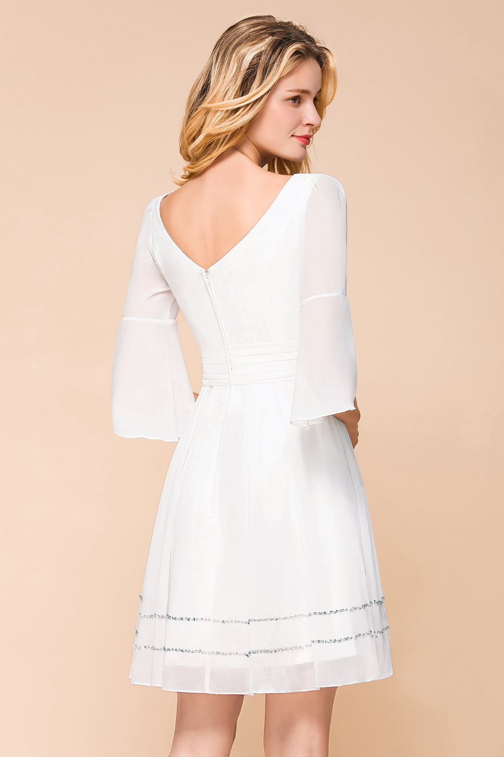 Chic V-Neck 3/4 Sleeves Short White Bridesmaid Dress with Sequins