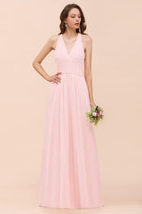 Chic V-Neck Blushing Pink Chiffon Affordable Bridesmaid Dress with Ruffle