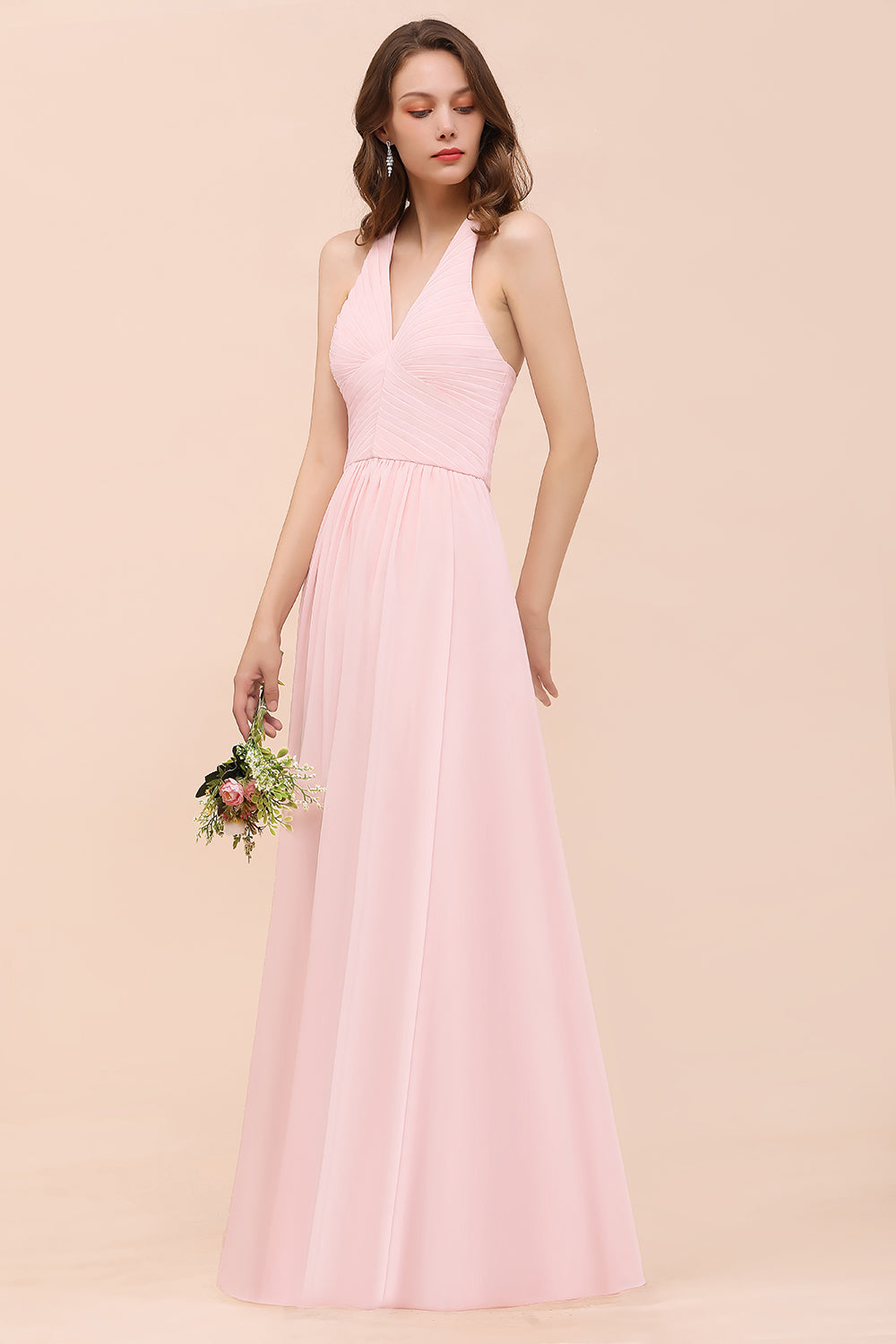 Chic V-Neck Blushing Pink Chiffon Affordable Bridesmaid Dress with Ruffle