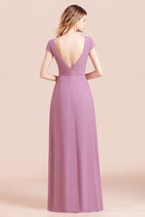 Chic V-Neck Chiffon Wisteria Bridesmaid Dresses with Short Sleeves