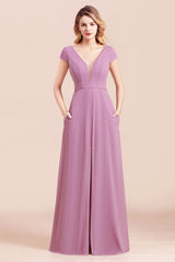 Chic V-Neck Chiffon Wisteria Bridesmaid Dresses with Short Sleeves