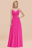 Chic V-Neck Pleated Backless Bridesmaid Dresses with Spaghetti Straps