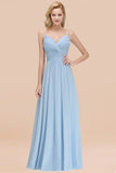 Chic V-Neck Pleated Backless Bridesmaid Dresses with Spaghetti Straps
