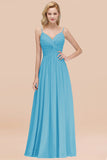Chic V-Neck Pleated Backless Bridesmaid Dresses with Spaghetti Straps