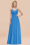 Chic V-Neck Pleated Backless Bridesmaid Dresses with Spaghetti Straps