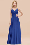 Chic V-Neck Pleated Backless Bridesmaid Dresses with Spaghetti Straps