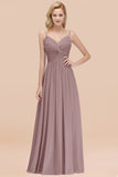 Chic V-Neck Pleated Backless Bridesmaid Dresses with Spaghetti Straps