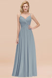 Chic V-Neck Pleated Backless Bridesmaid Dresses with Spaghetti Straps