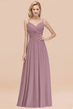 Chic V-Neck Pleated Backless Bridesmaid Dresses with Spaghetti Straps