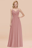 Chic V-Neck Pleated Backless Bridesmaid Dresses with Spaghetti Straps