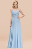 Chic V-Neck Pleated Backless Bridesmaid Dresses with Spaghetti Straps