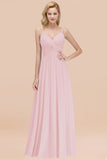 Chic V-Neck Pleated Backless Bridesmaid Dresses with Spaghetti Straps