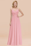 Chic V-Neck Pleated Backless Bridesmaid Dresses with Spaghetti Straps