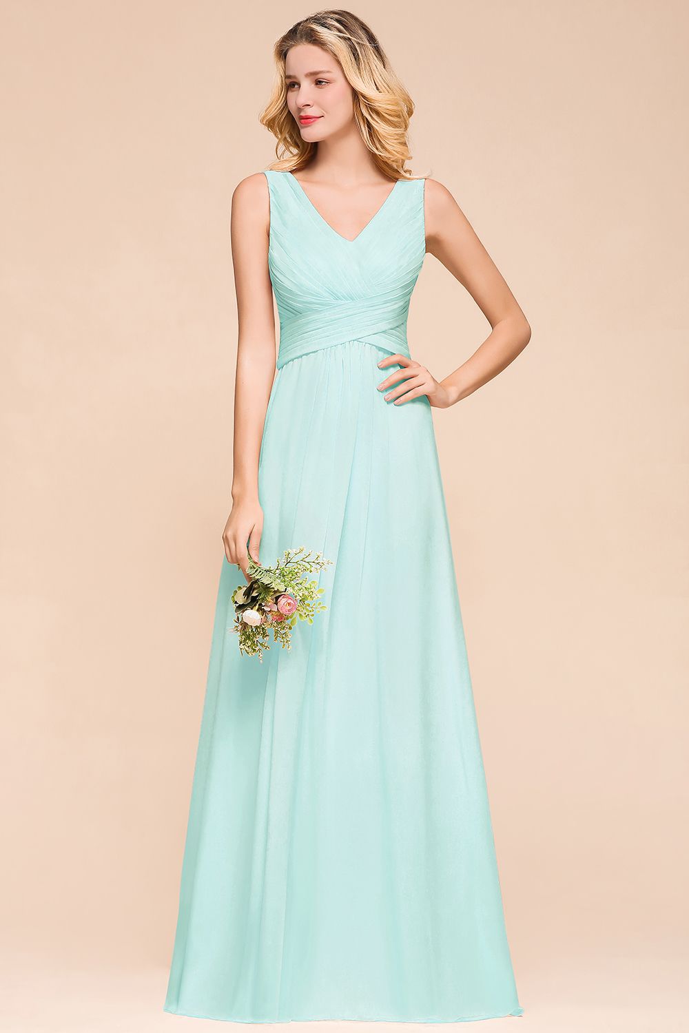 Chic V-Neck Sleeveless Mint Green Bridesmaid Dresses with Ruffle