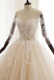 Chic V-Neck Strapless Champagne Tulle Wedding Dress Long Sleeves Appliques Bridal Gowns Online