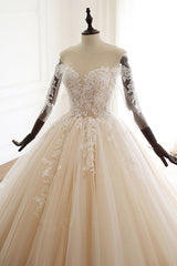 Chic V-Neck Strapless Champagne Tulle Wedding Dress Long Sleeves Appliques Bridal Gowns Online