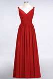 Chic V-Neck Straps Ruffle Burgundy Bridesmaid Dresses with Bow Sash