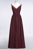 Chic V-Neck Straps Ruffle Burgundy Bridesmaid Dresses with Bow Sash