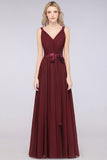 Chic V-Neck Straps Ruffle Burgundy Bridesmaid Dresses with Bow Sash