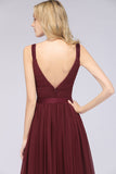 Chic V-Neck Straps Ruffle Burgundy Bridesmaid Dresses with Bow Sash