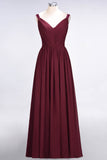 Chic V-Neck Straps Ruffle Burgundy Bridesmaid Dresses with Bow Sash