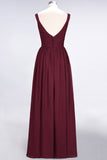 Chic V-Neck Straps Ruffle Burgundy Bridesmaid Dresses with Bow Sash