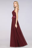 Chic V-Neck Straps Ruffle Burgundy Bridesmaid Dresses with Bow Sash