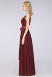 Chic V-Neck Straps Ruffle Burgundy Bridesmaid Dresses with Bow Sash