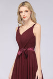 Chic V-Neck Straps Ruffle Burgundy Bridesmaid Dresses with Bow Sash