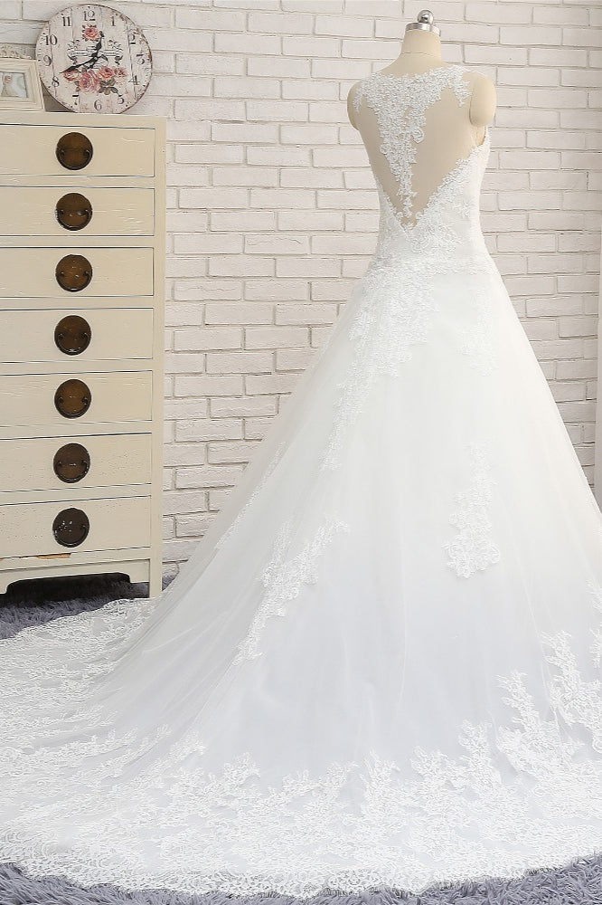 Chic White A-line Tulle Wedding Dresses Jewel Sleeveless Ruffle Bridal Gowns With Appliques On Sale