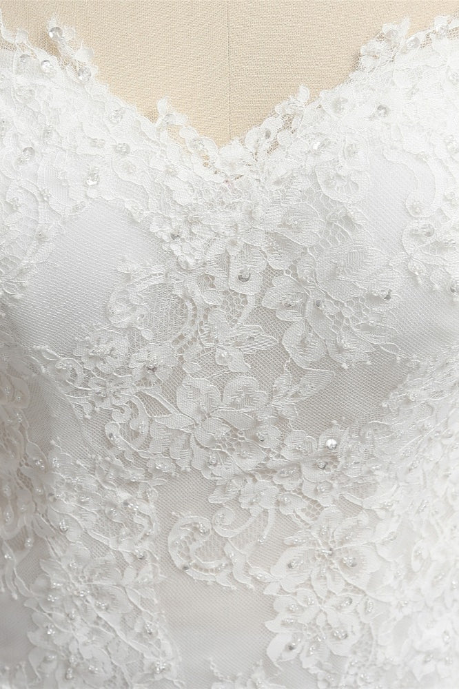 Chic White A-line Tulle Wedding Dresses Jewel Sleeveless Ruffle Bridal Gowns With Appliques On Sale